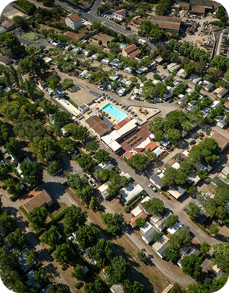 Aerial view of the camping pitches for campervans. La Gabinelle campsite in Sauvian